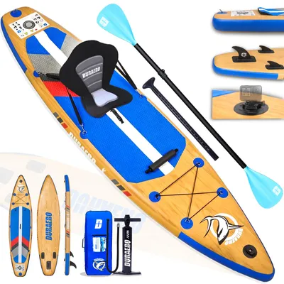 Produktbild von Stand Up Paddle Board Aufblasbar, SUP Board Set in Holzoptik, Kajaksitz, verstellbarem Doppelpaddel,  komplettes Zubehör, Tragkraft bis 150 kg