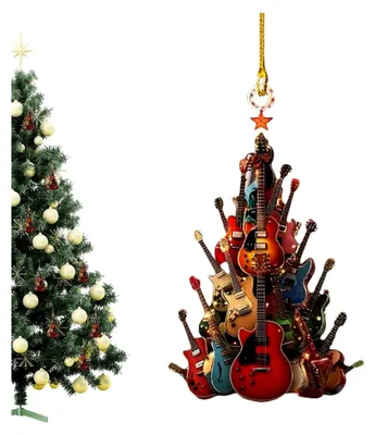 Produktbild von Gitarrenornamente für den Weihnachtsbaum - Holz saisonale Dekoration - Aufhängbare Weihnachtsdekorationen für Haustür, Büro, Treppe, Fensterbank, Kaminsims, Wand, Garten, Hinterhof, Wohnzimmer, Arbeitszimmer
