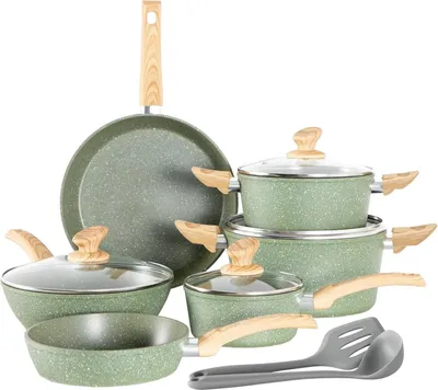 Image de Kitchen Academy Set de casseroles à induction 12 pièces Granit vert Casseroles anti-adhésives