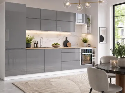 Produktbild von Küchenzeile 340 cm Küchenblock Einbauküche ohne Arbeitsplatte, LETANO Luki 14 Grau Hochglanz mit Soft-Close