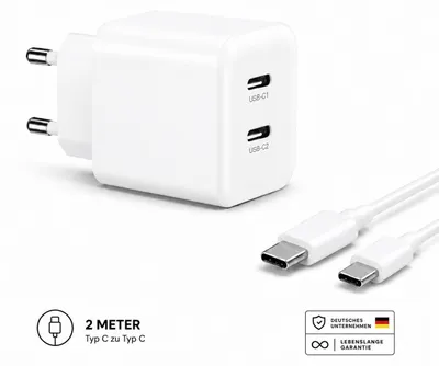 Produktbild von USB-C Ladegerät mit 2 USB-C Anschlüssen Netzteil Universal – Weiß / Typ-C 2 Meter