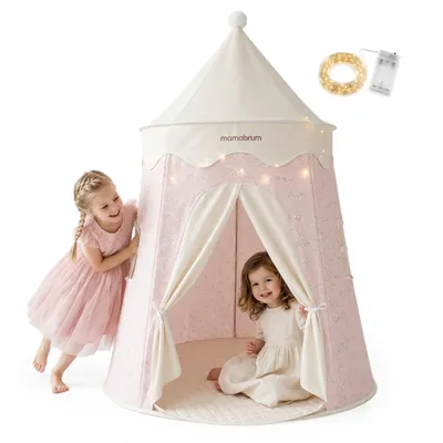 Immagine prodotto di Tenda da gioco per bambini Mamabrum a forma di castello, con 4 metri di striscia LED e tappetino imbottito, diametro 113 cm, altezza 155 cm, color rosa con motivi di fiori di ciliegio, adatta a bambini dai 3 anni in su