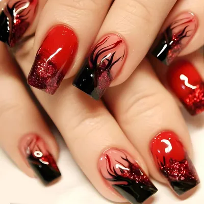 Produktbild von 24er Pack Flammen Press on Nägel - Kurz Rote Quadratische Falsche Nägel - Glitzer Design Schwarz - Falsche Nägel mit Kleber