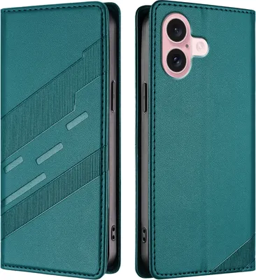 Produktbild von Hülle für iPhone 16, Kunstleder Brieftaschen Handyhülle mit Kartenfach und Standfunktion Grün