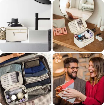 Produktbild von Große Make-up-Tasche und Kosmetiktasche mit Fach für Pinsel - Tragbare Organizer aus Kunstleder in Milchweiß