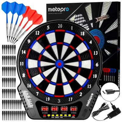 Zdjęcie produktu dla Tarcza dart elektroniczna tablica MatePro Classic Pro, zasilacz USB-C lub baterie, 6 rzutek, 4  wyświetlacze z ochroną, 1-16 graczy, 27 gier