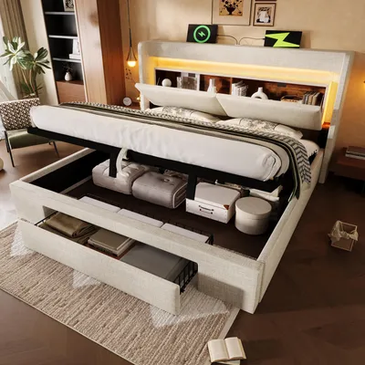 Produktbild von Polsterbett 180x200 cm mit hydraulischem Stauraum und Kopfteil mit Aufbewahrungsfach, LED-Beleuchtung sowie USB & USB-C Anschluss,Beige,ohne Matratze