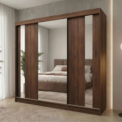 Produktbild von Beautysofa GAJA Kleiderschrank 240 cm mit Spiegel – Schwebetürenschrank 3-türig, Schlafzimmer Schrank, Warmia Walnuss ohne Schubkasteneinsätze