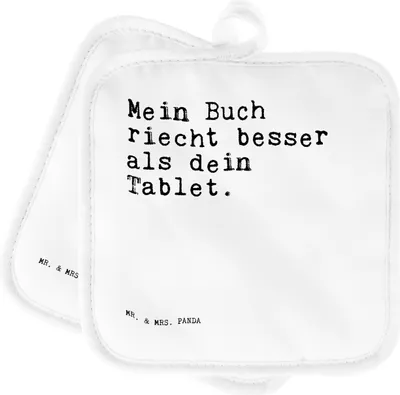 Produktbild von Mr. & Mrs. Panda Topfuntersetzer Mein Buch riecht besser... - Weiß - Geschenk, topfhalter, Kochlappen, Topflappen, Bücher, Spruch, Bücherwurm, Set, Sprüche, Ofenlappen