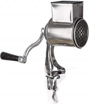 A shiny metal cheese grater with a black handle is shown against a white background.