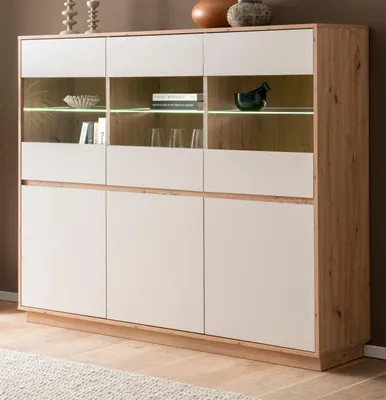 Produktbild von Highboard "Kiruma" in Kaschmir und Artisan Eiche Vitrine 164 x 138 cm, Soft-Close