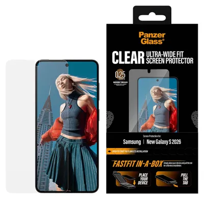 Produktbild von PanzerGlass ® Displayschutz Samsung Galaxy S26 | Ultra-Wide Fit m. Fastfit in-a-box, Samsung, Samsung - Galaxy S26, Trockene Anwendung, Kratzresistent, Schockresistent, Transparent, 1 Stück(e)