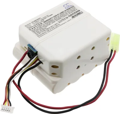 A white battery pack with wires and connectors is shown against a white background.