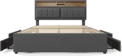 Produktbild von Doppelbett mit 4 Schubladen& USB C Steckdose, Polsterbett 140x200cm, Höhenverstellbarem Kopfteil, Lattenrost aus HolzOhne Matratze