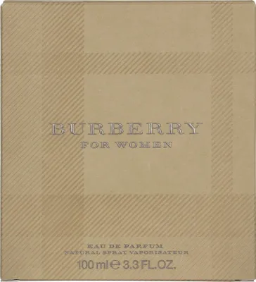 A close-up of a Burberry perfume box with its signature plaid pattern.