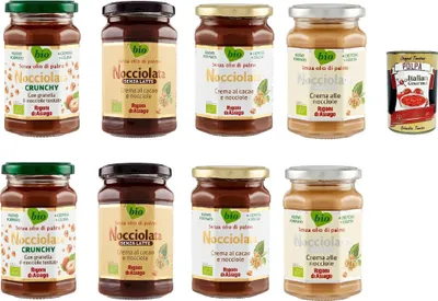 Produktbild von Rigoni di Asiago Nocciolata - Testpaket, 8x 250g, Haselnusscreme ohne Palmöl, Nuss Nougat Creme ohne Palmöl, Leckerer Brotaufstrich + Italian Gourmet polpa 400g