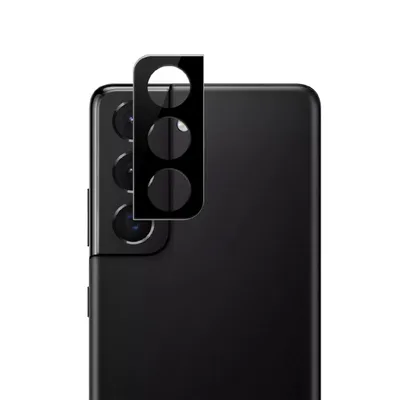 A close-up shot of a black smartphone's rear camera module with a black camera lens protector placed over it.