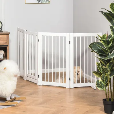 Zdjęcie produktu dla Barierka dla psa – 4 elementy, wykonana z drewna sosnowego | Kolor: biały | Wymiary: 80,32 x 14,17 x 29,53 cm