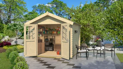 Produktbild von Gartenhaus Vaduz 209, 28 mm Wandstärke mit Doppeltür - B x T x H - 288.00 x 284.00 x 244.00 - Naturbelassen