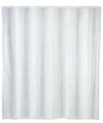 A white shower curtain hanging straight.