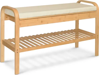 Obrázok produktu pre AD.CON Bambusový stojan na topánky, bambusový stojan na topánky s lavičkou, lavička na topánky s vankúšom na sedenie, lavička 90x33x55 cm béžová