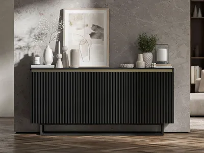 Produktbild von Kommode RTV SELENE 3D von Lindner Möbel – dreitürig – 166,8 x 35 x 78,4 cm Farbe: Schwarz matt- Italienische Tiefmattfolie