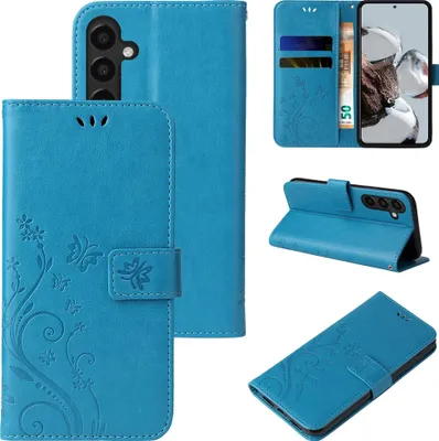 A collage of images showing a blue flip phone case with floral and butterfly designs from multiple angles, including its interior card slots and how it functions as a stand.