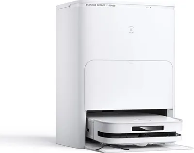 A white robotic vacuum cleaner and its docking station are shown against a white background.