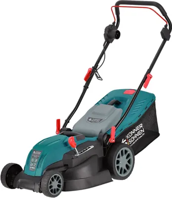 A teal and gray electric lawnmower is shown against a white background.