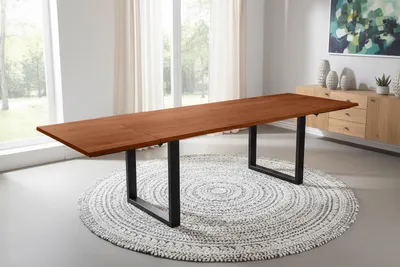 Produktbild von Refurbished Möbelretoure Esstisch mit Ansteckplatten 180(280)x90 cm Baumkante Akazie nussbaum U-Gestell schwarz AVINO