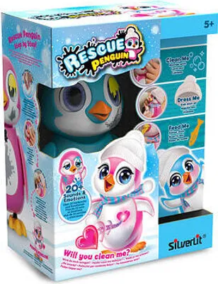 The image shows the retail packaging of a toy penguin.