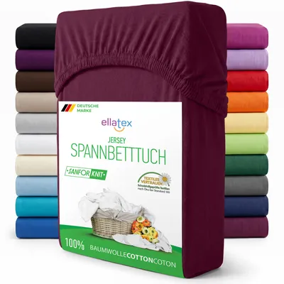 Produktbild von EllaTex Jersey Spannbettlaken 180x200–200x220 Baumwolle – Spannbetttuch mit 40cm Steg für Boxspring & Wasserbett, in Farbe: Burgund