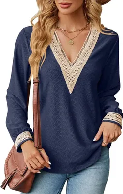 Image de ASKSA Femme Col V Manches Longues T-shirt Elégant Blouse Epissure Dentelle Casual Manches Longues Tunique Tops, Bleu Foncé, XXL
