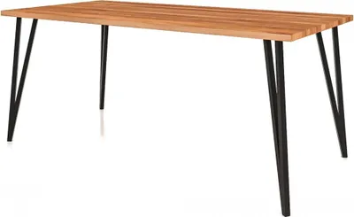 A wooden dining table with black metal legs on a white background.