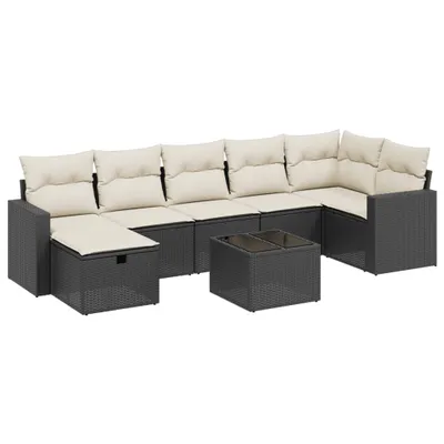 Produktbild von Modulares 8-tlg. Gartenmöbel-Set, Lounge-Sofa mit Hartglas-Tisch, PE-Rattan Schwarz, Cremeweiße Kissen, UV-beständig, Pulverbeschichteter Stahlrahmen
