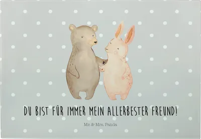 Produktbild von Mr. & Mrs. Panda Schneidebrett Bär und Hase Umarmen - Grau Pastell - Geschenk, Freunde, Frühstücksbrett, Hackbrett, Freundin, Glas-Schneidebrett, Servierplatte, für Immer