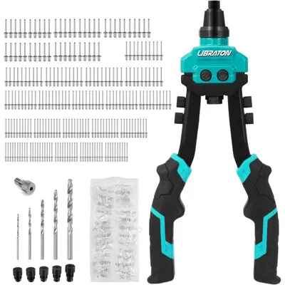 Image de Kit de pinces à riveter à deux mains, comprenant 250 rivets en aluminium et 5 forets