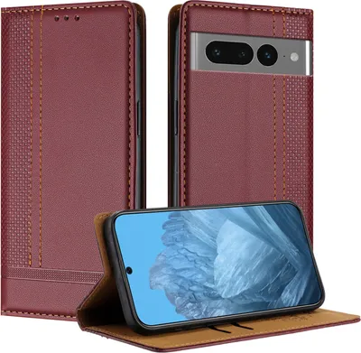 Produktbild von Handyhülle für Google Pixel 7 Pro Leder Flip Klappbare Schutzhülle mit Standfunktion Dunkelrot