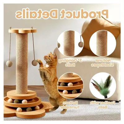 Produktbild von 4 in 1 Katzenspielzeug, 46 cm Kratzbaum für Katzen mit Sisal Kratzsäule, hängenden Bällen und Federn, interaktives Spielzeug