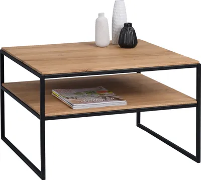 A coffee table with a wooden top and shelf, supported by a black metal frame. Decorative vases and a magazine are placed on the table.