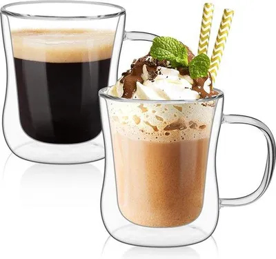 Productafbeelding van Unyqoos® Dubbelwandige Latte Macchiato-glazen – Set van 2 (2x250 ml) van borosilicaatglas, koffieglazen met isolerende werking en handvat, geschikt voor cappuccino, latte, thee