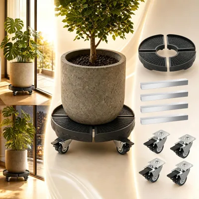Image de Roulette pour plantes ROSEJANE, réglable en hauteur, diamètre 39–52 cm, support pour plantes avec roulettes à 360° et freins de stationnement, plateau roulant pour pots de fleurs, jusqu'à 300 kg, couleur noire