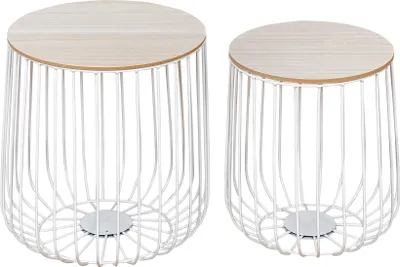 Produktbild von 2er Set Beistelltisch Metall Weiß Metallkorb Korb Couchtisch Deckel Deko