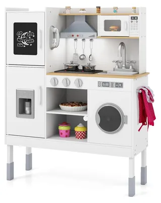 Produktbild von Höhenverstellbare Kinderküche mit Licht und Sound Spielküche aus Holz mit Zubehör Kinderspielküche mit Spüle Herd Backofen Holzküche Groß-Natur+Weiß
