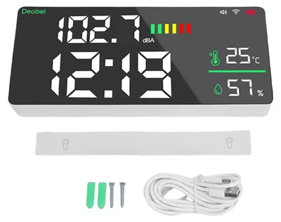 Produktbild von Schallpegelmesser, 11 Zoll, großer LED-Wandmontage-Dezibel-Tester für Heimstudio, Werkszeit, Temperatur, Luftfeuchtigkeit, Anzeige, 30–130 dB Bereich