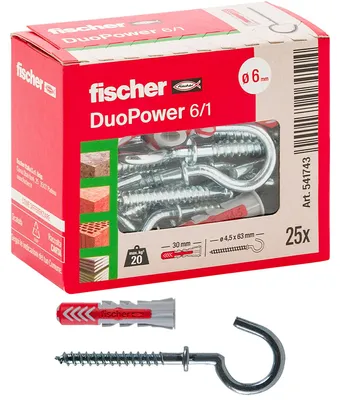 Produktbild von Fischer 541743 Dübel DUOPOWER grau/rot 6x30mm Set 25 Stück Occhiolo offen