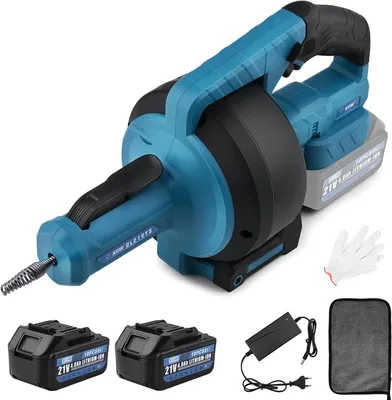 Produktbild von Vrietina Rohrreinigungsmaschine Drain Clean Elektrisch, Ø9mm Spirale 7,6m, für Ø16-85mm Rohre, 610 U/min, 21V, Vollkupfermotor, inkl. Makita 18V 4,0Ah Lithium Akku, Ø13mm Bohrkopf