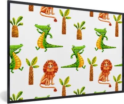 Produktbild von MuchoWow® Gerahmtes Poster Dschungel - Löwe - Krokodil 90x60 cm - Poster mit Schwarzem Bilderrahmen Wandposter Rahmen Foto Bilder - Fotorahmen - Foto-Plakat