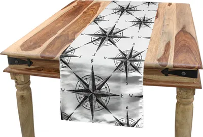 Produktbild von ABAKUHAUS Kompass Tischläufer, monochrome Windrose, Esszimmer Küche Rechteckiger Dekorativer Tischläufer, 40 x 180 cm, Weiß Schwarz