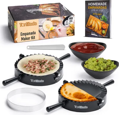 Produktbild von Tortillada Empanada Maker, 7 Teile, Schwarz, Kunststoff, Keramik, Edelstahl, inkl. 50 Rezepte, spülmaschinengeeignet, langlebig, für fest verschlossene Empanadas & Pasta mit Zickzack-Rändern